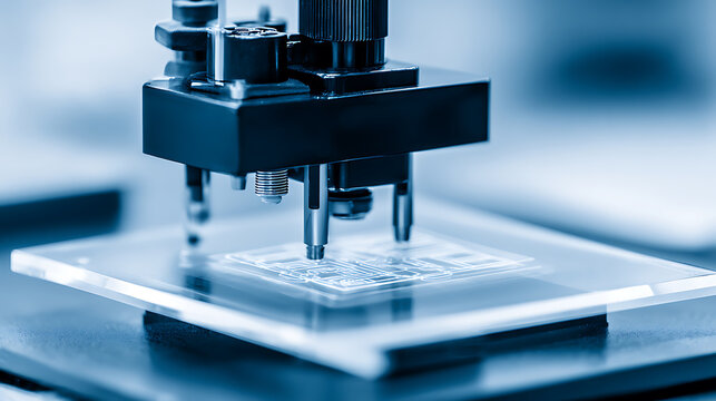 Close-up of a precision instrument analyzing a transparent sample in a laboratory setting