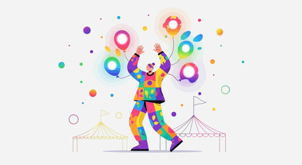 Colorful clown character juggling balloons in a vibrant carnival or circus setting with tents