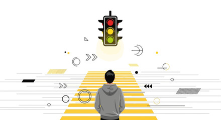 Conceptual illustration of a person facing a traffic light on a pedestrian crossing with geometric