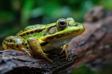 Fototapeta premium Frog On A Log. Close-up of Green Amphibian Wildlife in Nature Habitat