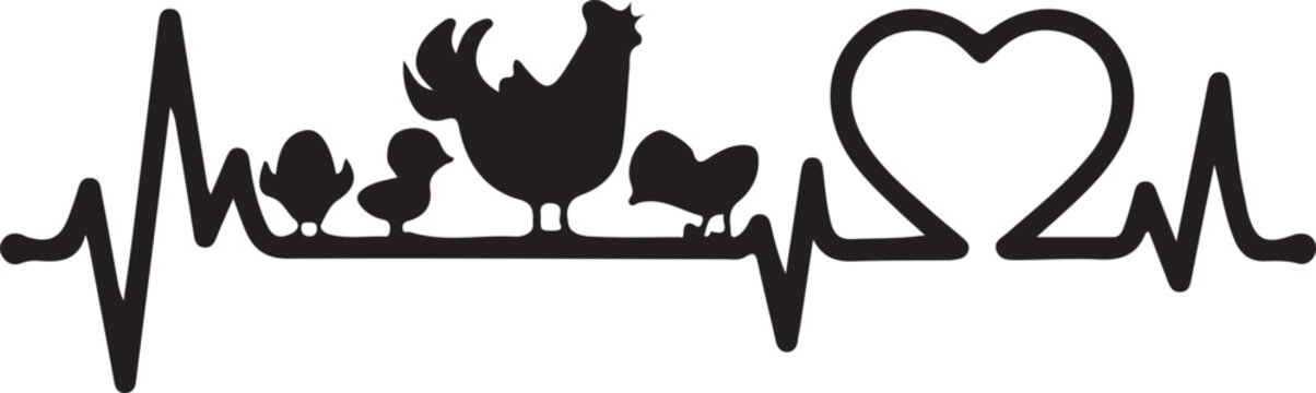 Naklejki Vector art of chicken family heartbeat, farm animal love concept
