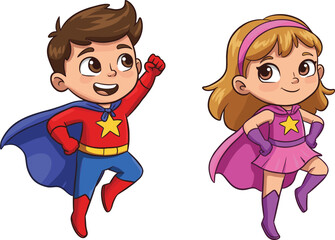 Superhero kids cartoon illustration, confident children in costume, flying pose, teamwork, empowerment, playful character design, colorful, fun, fantasy, imagination