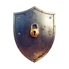 Medieval metal shield with golden padlock isolated on transparent background