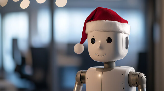 Festive Robot: A charming robot dons a Santa hat, bringing a touch of holiday cheer to the tech world. This scene blends robotics with seasonal festivity. - Powered by Adobe