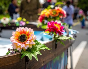 Colorful artificial flowers adorn a wooden vessel during a vibrant parade