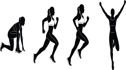Female runner silhouette, woman running sequence illustration, athletic fitness artwork, sports training vector, marathon race design, exercise activity health image