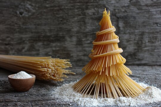 Pasta Christmas Tree. Albero di Natale di pasta with Raw Macaroni and Snow