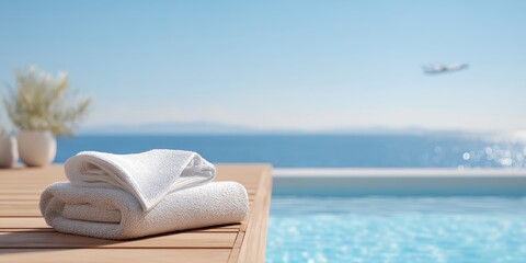 White towel is laying on a wooden deck next to a pool.