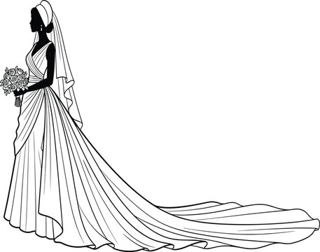 Beautiful bride silhouette, elegant wedding gown illustration, woman holding bouquet, bridal fashion design, long dress train vector, marriage ceremony artwork image