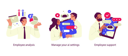 Vector illustrations representing AI in workplace: analyzing employee performance with data charts, managing AI settings with chatbots, and providing employee support through AI assistance.