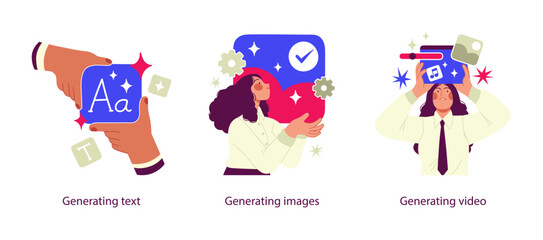 Fototapeta premium Vector illustrations showing artificial intelligence used for content generation: creating text, producing images, and generating videos with digital tools and automation.