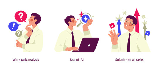 Illustrations of artificial intelligence applied to workplace efficiency, including analyzing tasks, using AI tools, and achieving complete solutions.