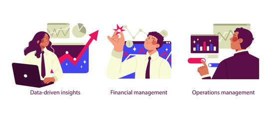 Fototapeta premium Illustrations highlighting business intelligence and management with AI, including data-driven insights, financial management, and operations management for decision-making and growth.