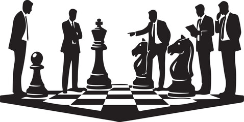 Businessmen in silhouette strategizing with chess pieces including king and pawn strategy