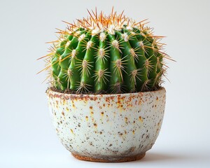 A prickly green cactus in a speckled, rustic pot