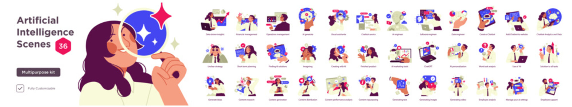 Collection of 36 vector illustrations about AI in business: data-driven insights, AI tools, chatbot services, content generation, personalization, employee support, and automation.