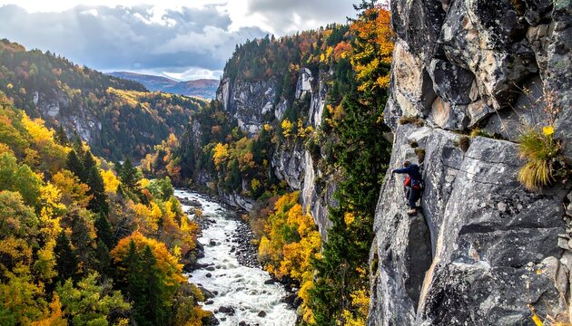 Climber on a rock face, autumnal landscape