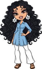 Stylish cartoon woman with long curly hair, floral earrings, casual outfit, confident pose, vector illustration, fashion character, beauty icon.