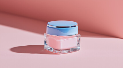 A pastel pink and blue cosmetic cream jar sits on a soft pink background with lid , exuding elegance, freshness, and modern beauty aesthetics.