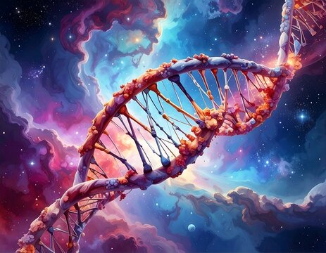 A DNA helix set against a vibrant nebula