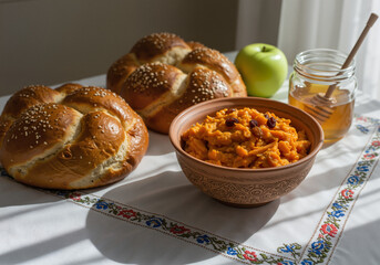 Traditional challah bread and honey dish for Hanukkah celebration  