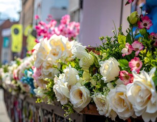 Colorful artificial flowers arranged on a display