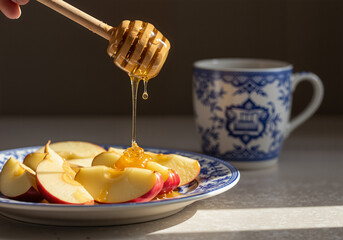 Sliced apples drizzled with honey on a plate with tea cup  