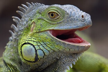Obraz premium Iguana Tongue. Cute and Funny Green Lizard Sticking Out Tongue in Desert Island
