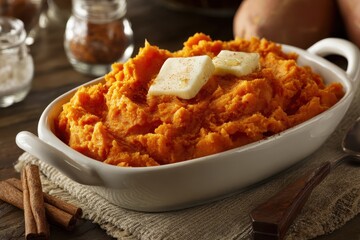 Sweet Potatoes Casserole. Mashed Sweet Potatoes with Butter and Cinnamon on Thanksgiving Dinner Table