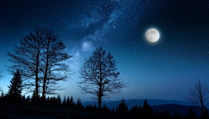 Fototapeta premium Night Landscape With Moonlit Sky Trees And Stars