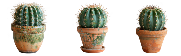 Three potted cactus plants, isolated on transparent background