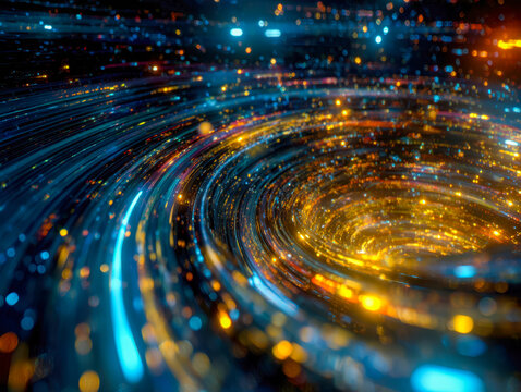 Dynamic swirl of vibrant light trails in a futuristic digital universe