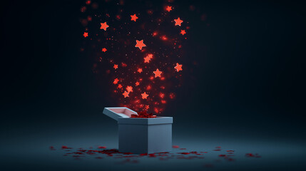 A gift box releases a trail of glowing red stars and sparkling dust against a dark background, evoking surprise, wonder, and festive magic suitable for celebrations and dreamlike themes.