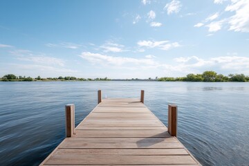 Fototapeta premium Wooden pier is in front of a body of water.