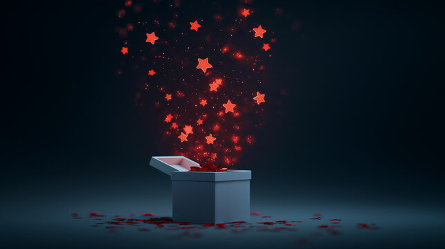 A gift box releases a trail of glowing red stars and sparkling dust against a dark background, evoking surprise, wonder, and festive magic suitable for celebrations and dreamlike themes.