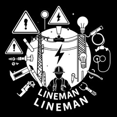 “Clean, stylized line art graphic showing elements of electrical work: utility pole, warning sign with lightning, power tower, electrician with hard hat, pliers, screwdriver and wrench, caliper, linem