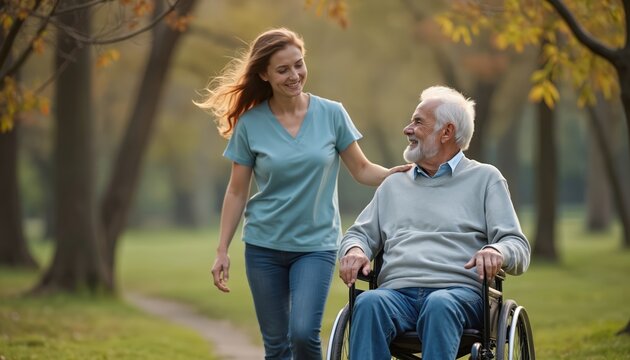 Smiling woman helps elderly man in wheelchair during park walk. Daughter guides father along path. Family care, support, and outdoor activity in autumn nature.