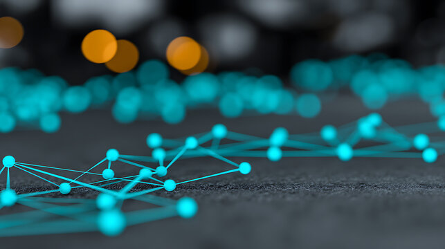 Abstract network of connected nodes with glowing blue dots and lines on a dark surface, featuring bokeh lights in the background