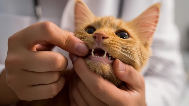 Veterinarian performing a thorough oral examination on a tiny ginger kitten at a veterinary office as part of a regular check up