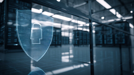 Digital security shield with lock icon displayed on glass in a modern data center facility