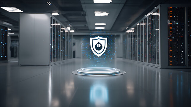 Modern data center hallway with illuminated security shield symbol floating above a circular platform