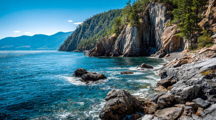 Serene coastal landscape with rocky shoreline and forested cliffs under a clear blue sky