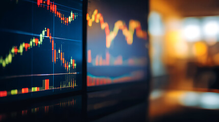 Computer monitors displaying financial market charts with candlestick and line graphs in a dimly lit office environment
