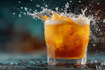 Amber Liquid Splashing Into Glass With Ice Cubes