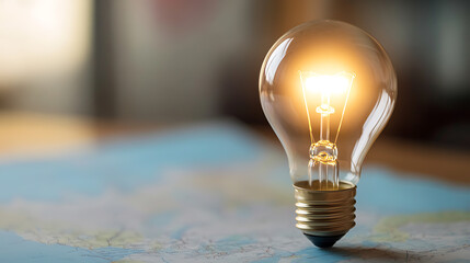 Bright idea: lit lightbulb on map, illuminating innovation and global perspectives. Symbolizing inspiration and the power of creative thinking.