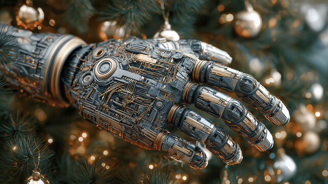 A creative and futuristic image of a robotic hand rand  Christmas  tree , deal for tech-themed holiday designs , sci-fi art or unique festive projects 