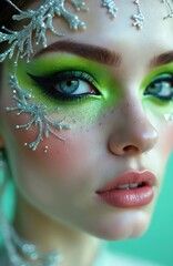 Close-up portrait of model featuring vibrant neon green eyeshadow, glitter, silver accents. Intricate makeup detail on beautiful female face. Elegant style, modern glamour look, fashionable trend.