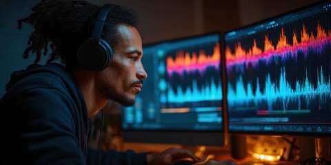 Fototapeta premium Focused Audio Engineer at Work: Night Studio Session