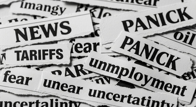 Closeup shot of torn newspaper clippings with headlines like news tariffs panic and unemployment words visible