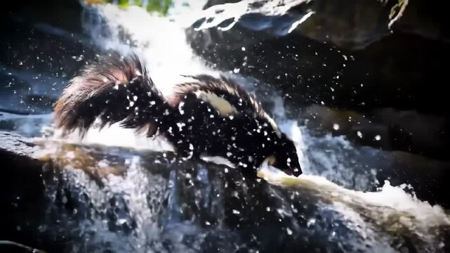 Striking skunk by waterfall with nature, water, outdoors, wildlife and animal beauty.